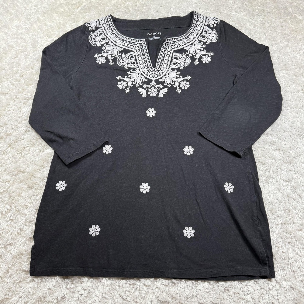 Talbots Tunic Top Womens Medium Black White Embroidered Floral Boho Clean Work
